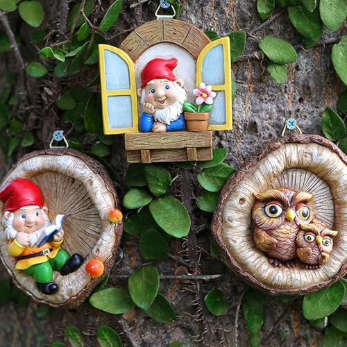 YIZITU Reading Gnomes Tree Faces Decors Outdoor Yard Statues Hanging For Garden Resin And Flower Pots Landscape Owl Hanging Ornaments