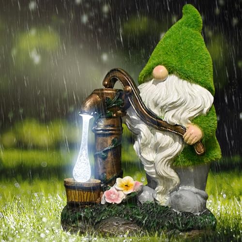 Solar Gnome, Flocked Resin Garden Gnome, Light-Operated Garden Gnomes Outdoor, Weather-Resistant Solar Lights for Outdoor, Gifts, Pumping Water