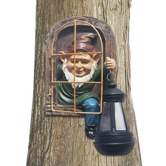 Hbbgdiy Solar Fairy Garden Gnomes Whimsical Elf Tree Face Figurines with Solar Lights for Fence Patio Yard Wall Decor, Outdoor Garden Accessories Housewarming Gift