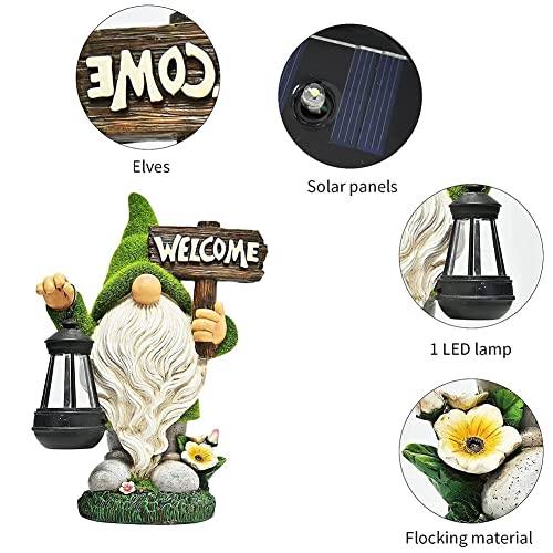 Funny Garden Gnome with Solar Lantern,Welcome Sign Solar Garden Ornaments Garden Gnome Figurine Gifts for Patio Lawn,Garden Sculptures Statues