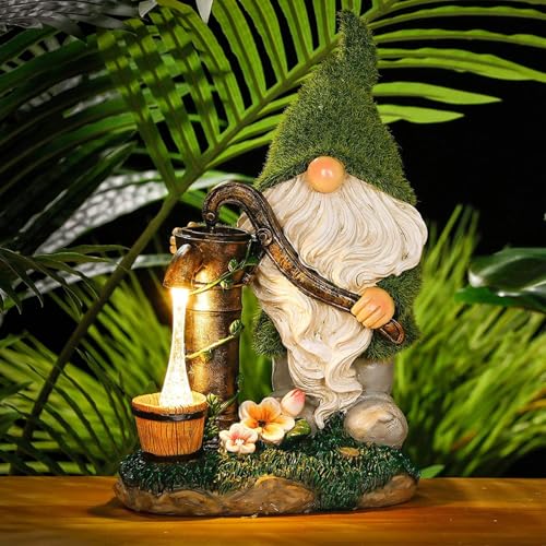 Solar Gnome, Flocked Resin Garden Gnome, Light-Operated Garden Gnomes Outdoor, Weather-Resistant Solar Lights for Outdoor, Gifts, Pumping Water