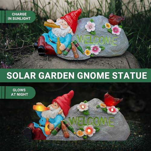 Elegondrar Funny Garden Gnomes Statue with Welcome, Solar Outdoor Gnomes Decorations for Yard, Patio, Lawn, Fathers Day Birthday Housewaming Gifts for Dad, Men, Husband, Grandpa, 11.8 Inch, Resin