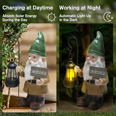 Gnome Garden Statue Outdoor Decor - Solar Gnomes Welcome Sign Figurines with Lantern Light, Yard Decorations, Resin Fairy Statues for Patio/Lawn Ornaments, Housewarming/Birthday/Women/Mom Gnome Gifts
