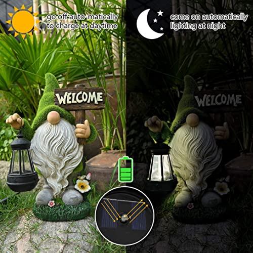 Funny Garden Gnome with Solar Lantern,Welcome Sign Solar Garden Ornaments Garden Gnome Figurine Gifts for Patio Lawn,Garden Sculptures Statues