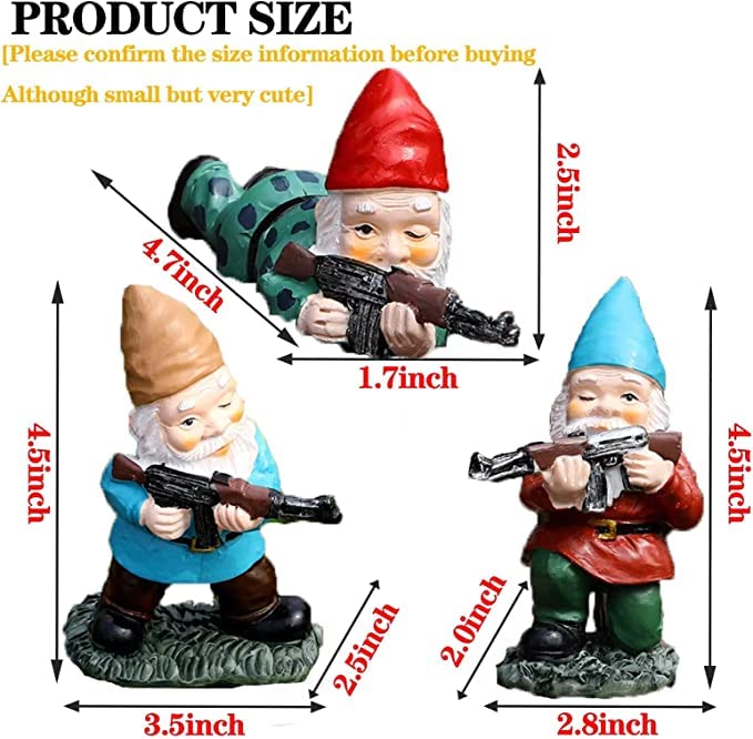 GAZETSZ Garden Gnomes, 4.5inch Gnome Statues, Military Gnome with Gun, Funny Army Gnomes Decorations for Yard, Indoor Outdoor Halloween Christmas Thanksgiving Gifts (Red+Yellow+Blue)