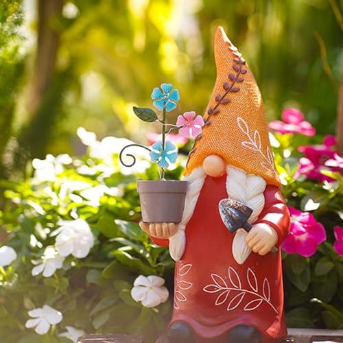 Solar Gnome, Creative Garden Gnome Dwarf Holding Flower Pot, Decorative Solar Light Sculpture, Faceless Outdoor Doll for Patio, Lawn, Yard, and Doorway Decor, 6.06x5.51x12.79 inch