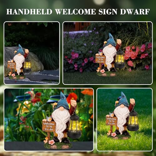 ZQQLITE Garden Gnome Statues Figurine Lights - Solar Powered Lighting Outdoor Decorations with Lantern & Welcome Sign, Yard Art Lawn Ornaments for Porch Patio Balcony - Gnome Gifts for Women Mom