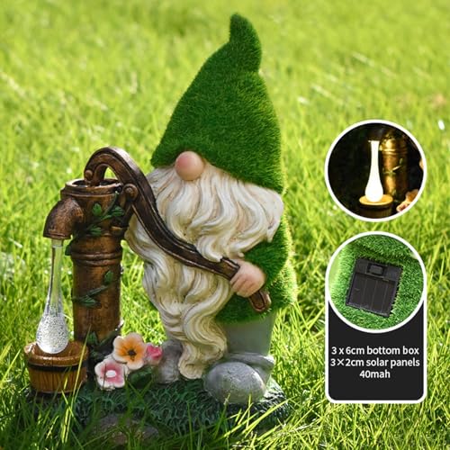 Solar Gnome, Flocked Resin Garden Gnome, Light-Operated Garden Gnomes Outdoor, Weather-Resistant Solar Lights for Outdoor, Gifts, Pumping Water