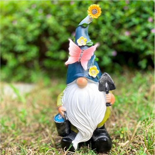 Gnome Garden Statue | Resin Gnome Figurine Dwarf Sculpture,Waterproof Dwarf Figurine with Solar LED Lights for Backyard Lawn Patio Porch Outside