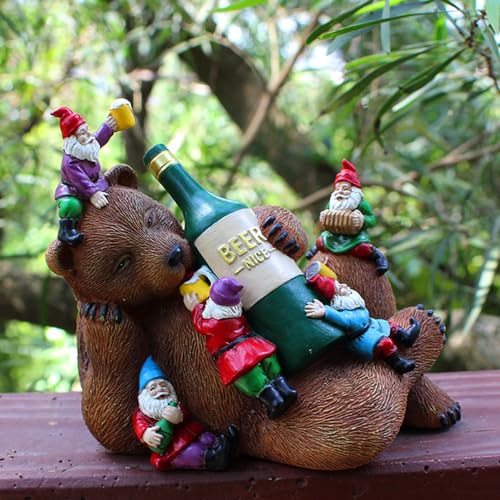 Garden Ornaments, Funny Garden Gnomes Drunk Bear Funny Gnome Statues Dwarf Figurine Resin Garden Statue Home Decoration for Lawn Ornaments