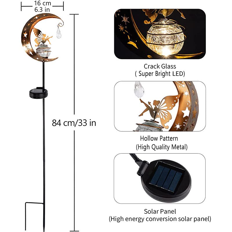 BomKra Solar Garden Ornaments Outdoor Fairy Solar Light Moon Star Crackle Glass Ball Stake Metal Lights Decorative Waterproof Warm White LED for Garden Pathway Lawn Patio Grave (A)