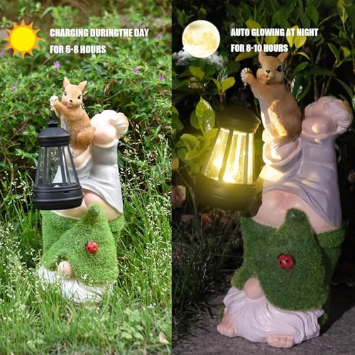 Garden Gnomes Statues - Dwarf Garden Statues with Integrated Solar Lantern - Funny Decorative Figures for Outdoor, Lawn, Patio, Balcony and Flower Bed
