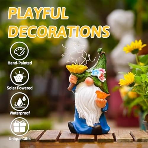 Solar Statues Garden Figurines, Resin Gnome Night Lamp, Weatherproof Outdoor Design, Strong and Decorative, for Lawn Patio Pathway Backyard Porch Housewarming Use, 9.5x5x4.25 Inches