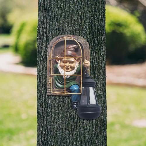 Hbbgdiy Solar Fairy Garden Gnomes Whimsical Elf Tree Face Figurines with Solar Lights for Fence Patio Yard Wall Decor, Outdoor Garden Accessories Housewarming Gift