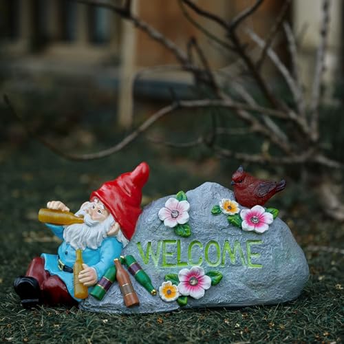 Elegondrar Funny Garden Gnomes Statue with Welcome, Solar Outdoor Gnomes Decorations for Yard, Patio, Lawn, Fathers Day Birthday Housewaming Gifts for Dad, Men, Husband, Grandpa, 11.8 Inch, Resin