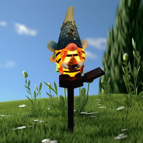 Gnome Solar Light, Bee Gnome Statue, Garden Stake Lights, Outdoor Solar Gnome, 14.5x9.5cm/5.71x3.74 Inches, 0.34k G, Resin, Abs Floor Plug for Garden, Lawn, Patio, Yard