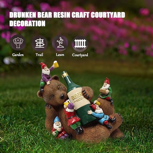 Garden Ornaments, Funny Garden Gnomes Drunk Bear Funny Gnome Statues Dwarf Figurine Resin Garden Statue Home Decoration for Lawn Ornaments