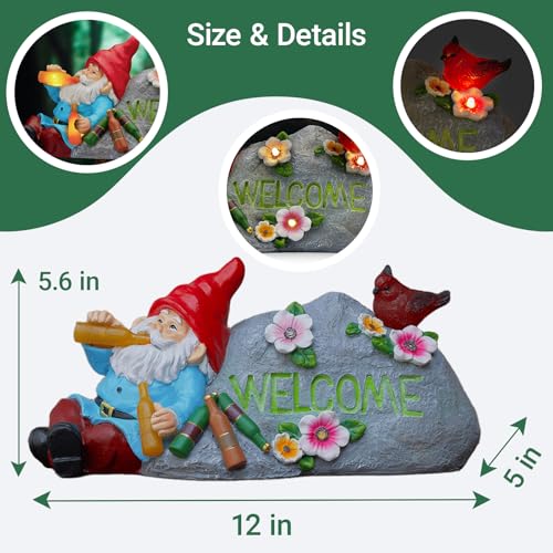 Elegondrar Funny Garden Gnomes Statue with Welcome, Solar Outdoor Gnomes Decorations for Yard, Patio, Lawn, Fathers Day Birthday Housewaming Gifts for Dad, Men, Husband, Grandpa, 11.8 Inch, Resin