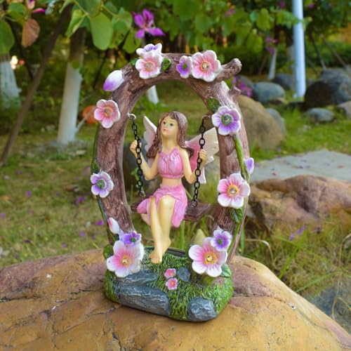 VEEKI Garden Statue Outdoor, Cute Solar Fairy Statue Resin Figurine Lights Outdoor Waterproof, Outdoor Decor Sculpture for Garden Yard Patio Lawn, Fairy Gifts for Mom Grandma Women