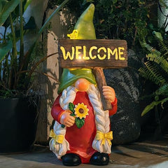 WONDHOME 22" Solar Large Gnome Lady Garden Statue Big Female Gnome with Welcome Sign Outdoor Decor with LED Lights Home Porch Yard Patio Lawn Ornament Christmas Housewarming Gardening Gift