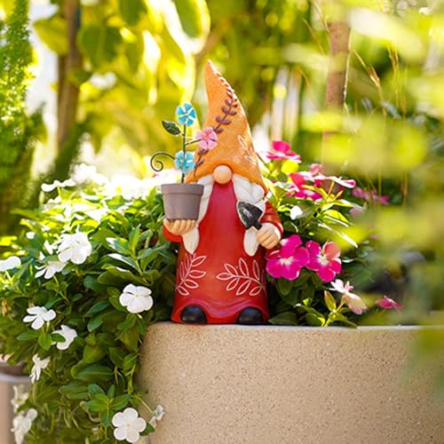 Solar Gnome, Creative Garden Gnome Dwarf Holding Flower Pot, Resin Decorative Solar Light Sculpture Gnomes Outdoor Faceless Doll for Patio, Lawn, Yard, and Doorway, 6.06x5.51x12.79 Inches