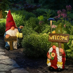 WONDHOME 22" Solar Large Gnome Lady Garden Statue Big Female Gnome with Welcome Sign Outdoor Decor with LED Lights Home Porch Yard Patio Lawn Ornament Christmas Housewarming Gardening Gift