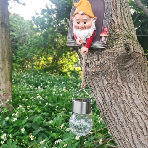 Garden Gnome Statue with Solar Light Tree Hugger Garden Figurine Decoration for Outdoor Yard Patio