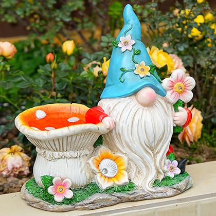 Outdoor Solar Gnome Sculpture Feeder - Outdoor Sculpture Bird Eating Bird Bath Solar Lighting Blue Hat Gnome Decoration Outdoor Decoration Resin Garden Statue Backyard 11 Inch