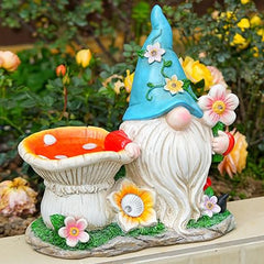 Outdoor Solar Gnome Sculpture Feeder - Outdoor Sculpture Bird Eating Bird Bath Solar Lighting Blue Hat Gnome Decoration Outdoor Decoration Resin Garden Statue Backyard 11 Inch