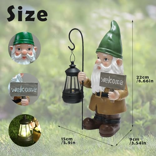Gnome Garden Statue Outdoor Decor - Solar Gnomes Welcome Sign Figurines with Lantern Light, Yard Decorations, Resin Fairy Statues for Patio/Lawn Ornaments, Housewarming/Birthday/Women/Mom Gnome Gifts