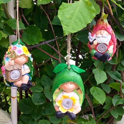 FLJZCZM Solar Hanging Garden Gnome Decor – Lemon, Dragonfruit & Flower（3 Style） Resin Outdoor Gnomes for Yard & Outsides (Daylight Charging/Night Glow)