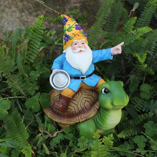 Turtle Solar Lights Outdoor Garden - Solar Turtle Statue Light with Gnome - Waterproof Tortoise Sculpture for Outdoor Patio Garden Balcony Poolside