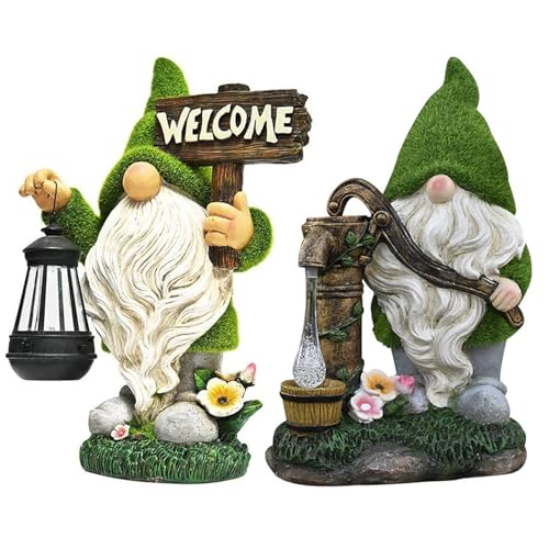 Solar Gnome, Flocked Resin Garden Gnome, Light-Operated Garden Gnomes Outdoor, Weather-Resistant Solar Lights for Outdoor, Gifts, Pumping Water