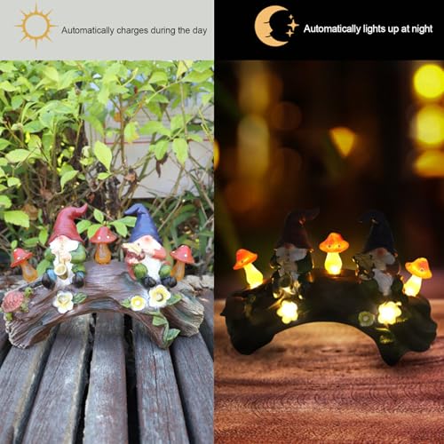 Gnome Garden Statue, Resin Garden Gnomes, Mushroom Solar Light, Miniature Figurines for Yard, Patio Lawn Decorations, Outdoor Gnome Statues, Solar-Powered Garden Decor, Cute Yard Ornaments, Lawn Art