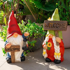 WONDHOME 22" Solar Large Gnome Lady Garden Statue Big Female Gnome with Welcome Sign Outdoor Decor with LED Lights Home Porch Yard Patio Lawn Ornament Christmas Housewarming Gardening Gift