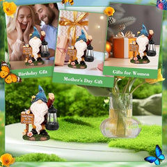 ZQQLITE Garden Gnome Statues Figurine Lights - Solar Powered Lighting Outdoor Decorations with Lantern & Welcome Sign, Yard Art Lawn Ornaments for Porch Patio Balcony - Gnome Gifts for Women Mom