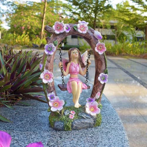 VEEKI Garden Statue Outdoor, Cute Solar Fairy Statue Resin Figurine Lights Outdoor Waterproof, Outdoor Decor Sculpture for Garden Yard Patio Lawn, Fairy Gifts for Mom Grandma Women
