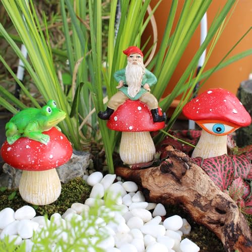 kaiwern Fairy Garden Accessories, 3 Pack Mini Frog and Gnome Mushroom Statues, Cute Animal Figurines Garden Planter Decor, Miniature Fairy Sculpture Decoration for Flower,Yard,Lawn Ornament, DIY Gift