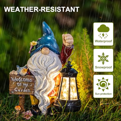 ZQQLITE Garden Gnome Statues Figurine Lights - Solar Powered Lighting Outdoor Decorations with Lantern & Welcome Sign, Yard Art Lawn Ornaments for Porch Patio Balcony - Gnome Gifts for Women Mom