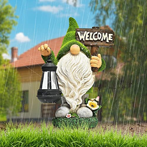 Funny Garden Gnome with Solar Lantern,Welcome Sign Solar Garden Ornaments Garden Gnome Figurine Gifts for Patio Lawn,Garden Sculptures Statues