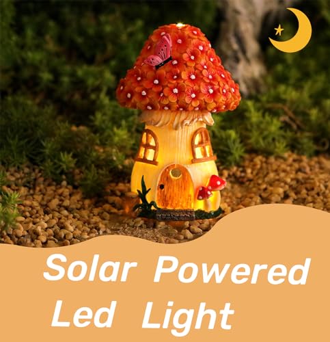MeritMode Fairy Garden House Mushroom with Solar LED Light - Resin Fairy Garden Accessories, Waterproof Outdoor Light Statue Tiny House, Perfect for Lawn, Balcony, Yard Decor, 7" H