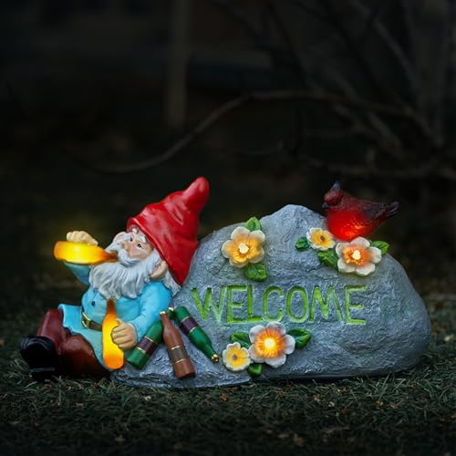 Elegondrar Funny Garden Gnomes Statue with Welcome, Solar Outdoor Gnomes Decorations for Yard, Patio, Lawn, Fathers Day Birthday Housewaming Gifts for Dad, Men, Husband, Grandpa, 11.8 Inch, Resin