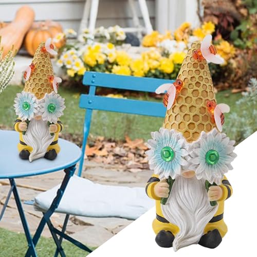 Outdoor Statues, Solar Garden Gnome, Sunflower Gnome Sculpture, Spring Gnome Figurine, Solar-Powered Sunflower Spring Gnome Statue Resin Gnome Statues with Solar Lights for Yard, or Garden Decor