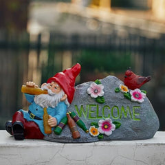 Elegondrar Funny Garden Gnomes Statue with Welcome, Solar Outdoor Gnomes Decorations for Yard, Patio, Lawn, Fathers Day Birthday Housewaming Gifts for Dad, Men, Husband, Grandpa, 11.8 Inch, Resin