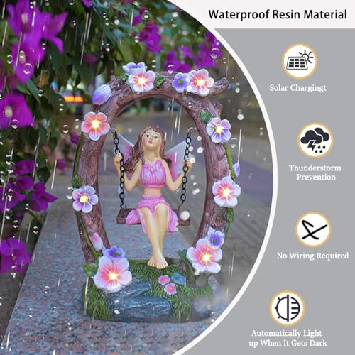 VEEKI Garden Statue Outdoor, Cute Solar Fairy Statue Resin Figurine Lights Outdoor Waterproof, Outdoor Decor Sculpture for Garden Yard Patio Lawn, Fairy Gifts for Mom Grandma Women