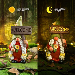 WONDHOME 22" Solar Large Gnome Lady Garden Statue Big Female Gnome with Welcome Sign Outdoor Decor with LED Lights Home Porch Yard Patio Lawn Ornament Christmas Housewarming Gardening Gift