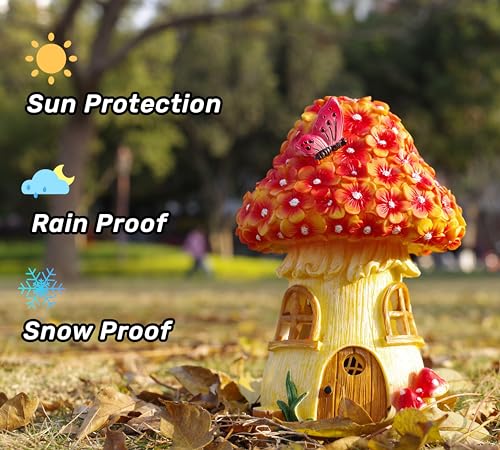 MeritMode Fairy Garden House Mushroom with Solar LED Light - Resin Fairy Garden Accessories, Waterproof Outdoor Light Statue Tiny House, Perfect for Lawn, Balcony, Yard Decor, 7" H