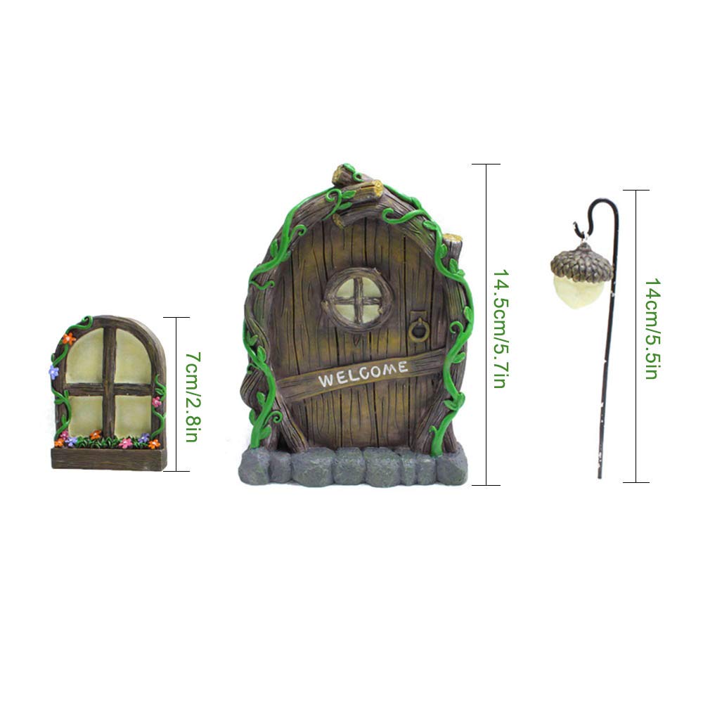 Jetcloud Mini Fairy Door for Tree, Home Miniature Window and Door with Fairy Lamp Glow In Dark Creative Garden Sculpture for Trees Decoration Garden Lawn Ornament
