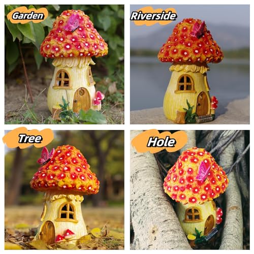 MeritMode Fairy Garden House Mushroom with Solar LED Light - Resin Fairy Garden Accessories, Waterproof Outdoor Light Statue Tiny House, Perfect for Lawn, Balcony, Yard Decor, 7" H