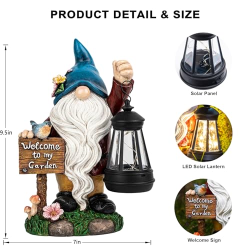 ZQQLITE Garden Gnome Statues Figurine Lights - Solar Powered Lighting Outdoor Decorations with Lantern & Welcome Sign, Yard Art Lawn Ornaments for Porch Patio Balcony - Gnome Gifts for Women Mom